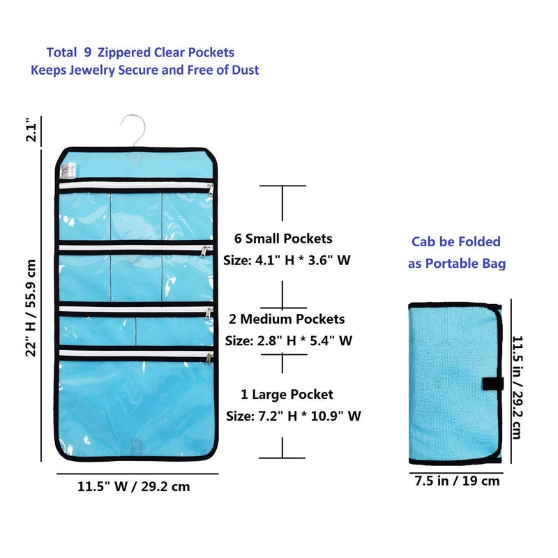 ANIZER Travel Foldable Jewelry Rolls Bag Hanging Jewelry Organizer with 9 Zippered Clear Pockets Storage Pouch with Rotatable Hanger (BLUE) - Image 2
